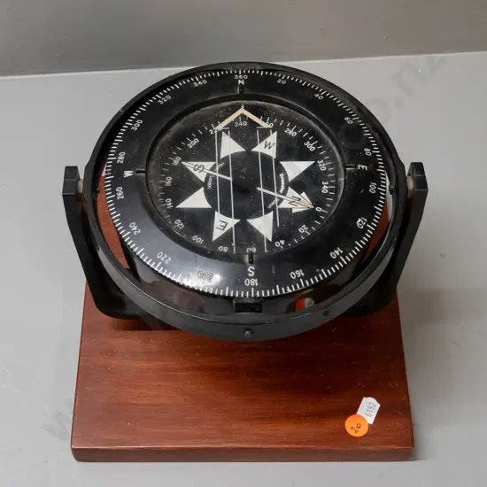 Sowester Bosun Heath London gimbal-mount ship's compass - plastic body on timber base H-180 Dial D-150