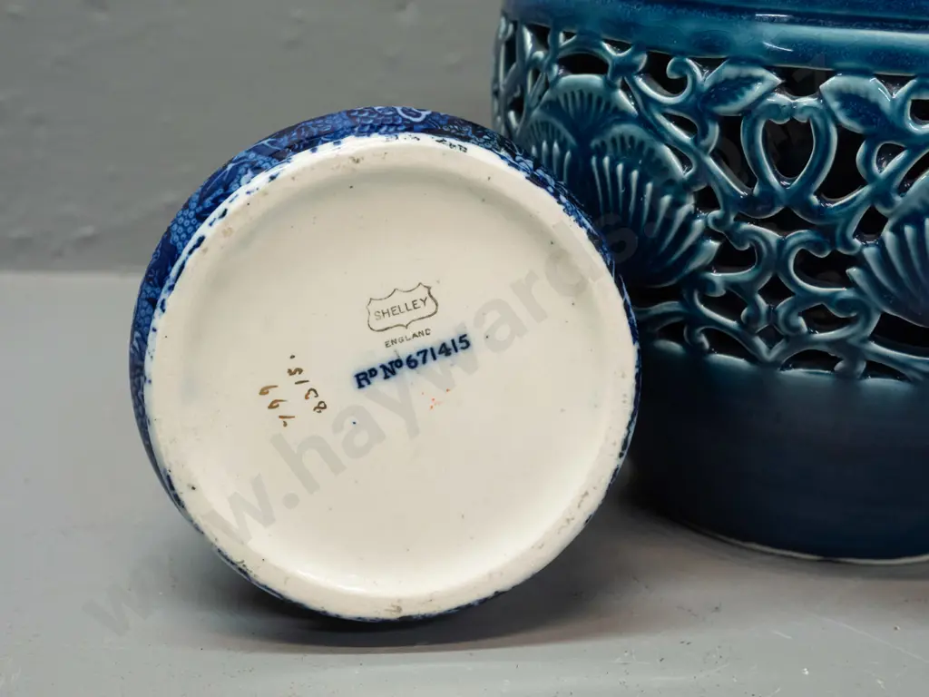 2 vases - Shelley tapered shape floral H-220 and a larger with pierced inset blue band, has spot of hard residue, needs Image 1++
