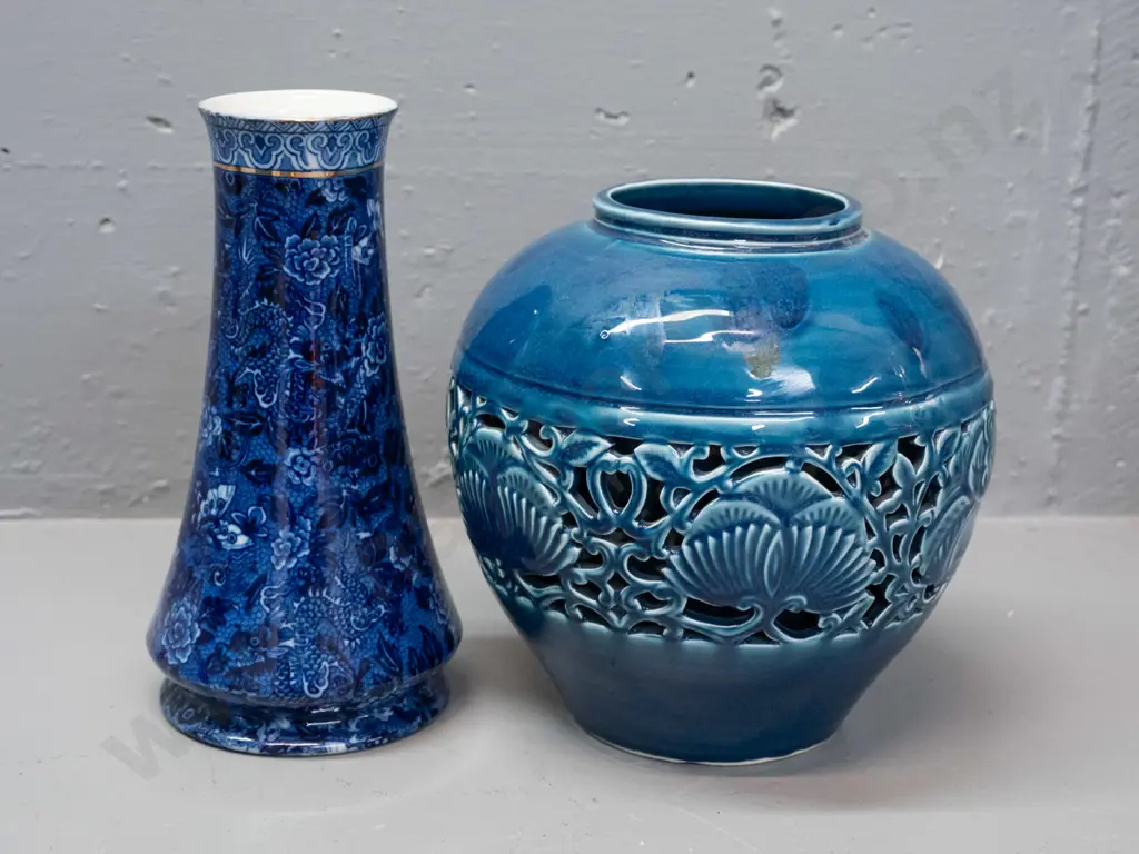 2 vases - Shelley tapered shape floral H-220 and a larger with pierced inset blue band, has spot of hard residue, needs Image 1++