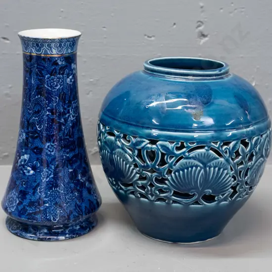 2 vases - Shelley tapered shape floral H-220 and a larger with pierced inset blue band, has spot of hard residue, needs