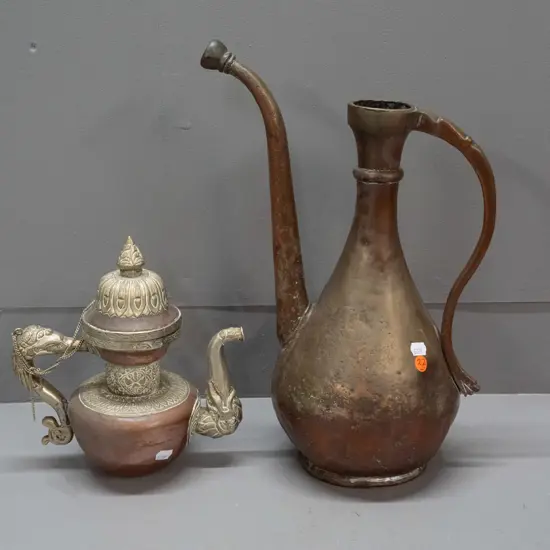 2 metal jugs - large brass and copper ewer, some dents and discolouration, and a small copper and white metal coffee pot
