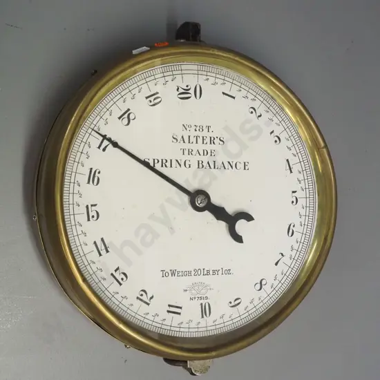 vintage large brass double-sided Salter No. 78 T spring scale with hanging rings - some spotting to faces, denting to