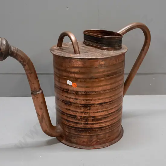 heavy ribbed copper watering can with paper label inside - Reg Parkes - Te Awamutu H-340 W-510