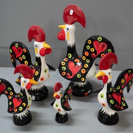 graduated set of 5 Portuguese ceramic hand painted roosters - largest is H-340 L-210