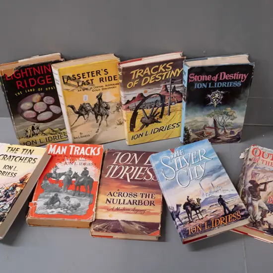 9 hard cover books - 1950s-vintage Ion Idriess titles: first ed. of The Silver City, Outlaws of the Leopolds, The Tin