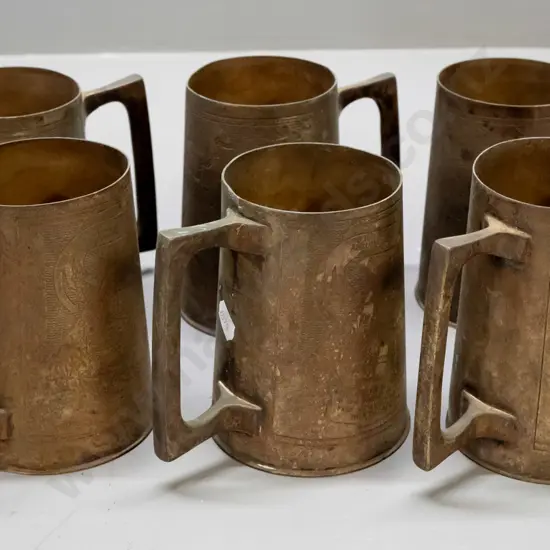 6 etched brass tankards with WWII era souvenir inscribed text, maps and diagrams - 5 are North Africa campaign, 1 is