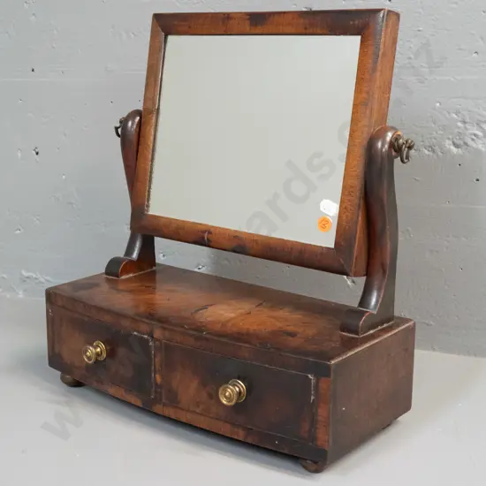 vintage circa 1830s mahogany small cheval dressing table mirror with 2 drawers with brass knobs, wooden bun feet - some