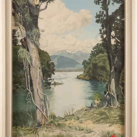 John Barnes 1966 - framed watercolour "Lake Moeraki South Westland" H-470 W-340