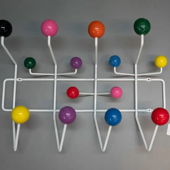 reproduction retro style coat / hat rack with white plastic coated metal frame, multi-coloured knobs H-370 W-510