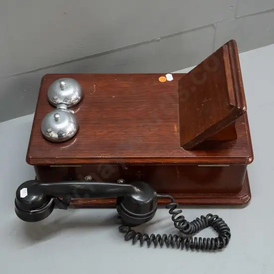 vintage wood-cased hand crank telephone marked with TEL logo & Beeston Notts England - handset with same logo, has