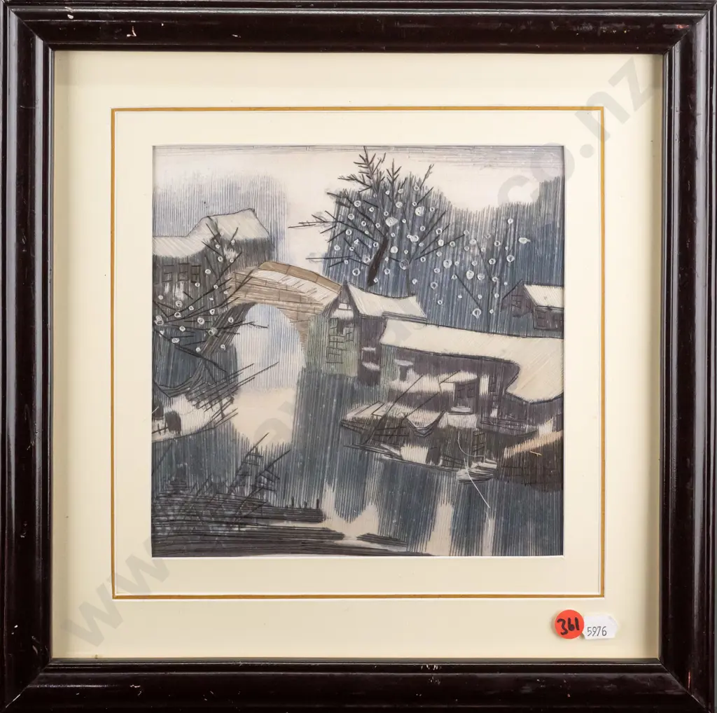 framed Asian  needlework - river, bridge and house scene H-1990 W-190 Image 1++