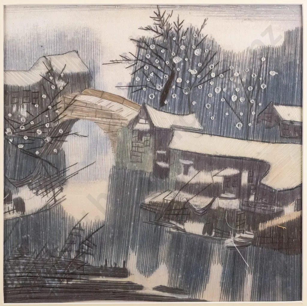 framed Asian  needlework - river, bridge and house scene H-1990 W-190 Image 1++