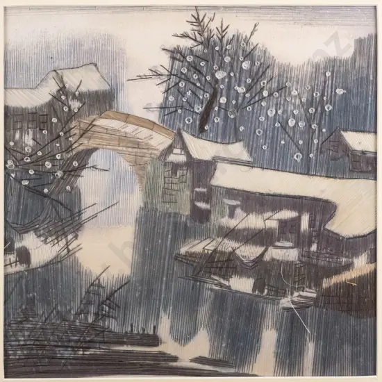 framed Asian  needlework - river, bridge and house scene H-1990 W-190