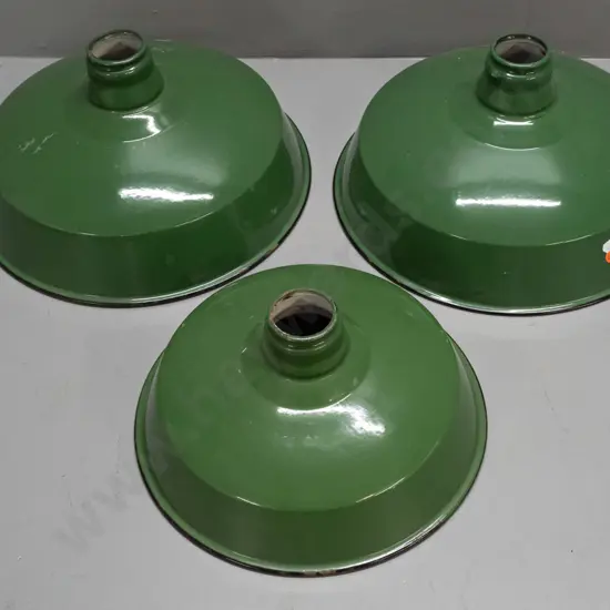 3 vintage industrial style light shades - green enamel with white interior - Ivanhoe Dome 150 label ton one - two sizes,