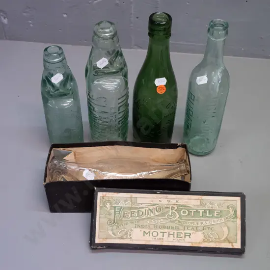 vintage bottles - green West & Co, Thompson's, 2 marble bottle Wanganui (chip in base) and English Headley and a Mother