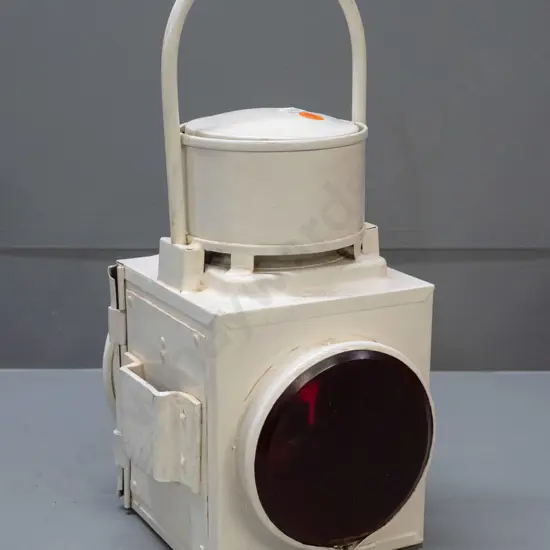 white painted metal railway signal lantern with 2 red lenses, burner with ceramic wick holder, fixed top handle and