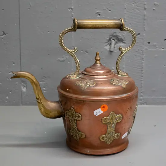 vintage copper kettle with brass applied relief decoration, handle & spout - some dents and wear H-290 L-270