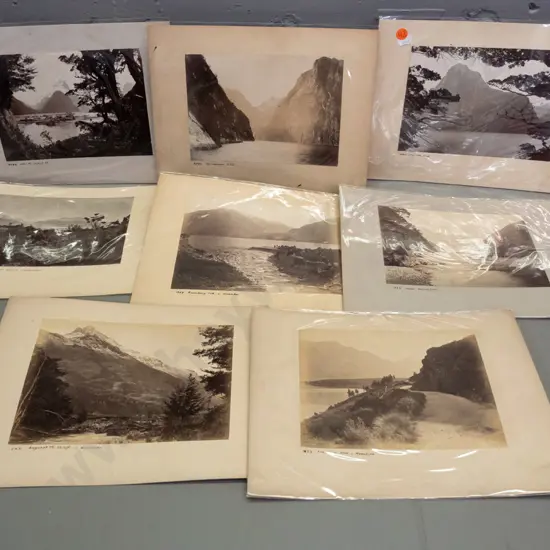 16 vintage NZ landscape photos mounted on 8 cards - Milford Sound, Wanaka, Lake Wakatipu, etc. - most with original