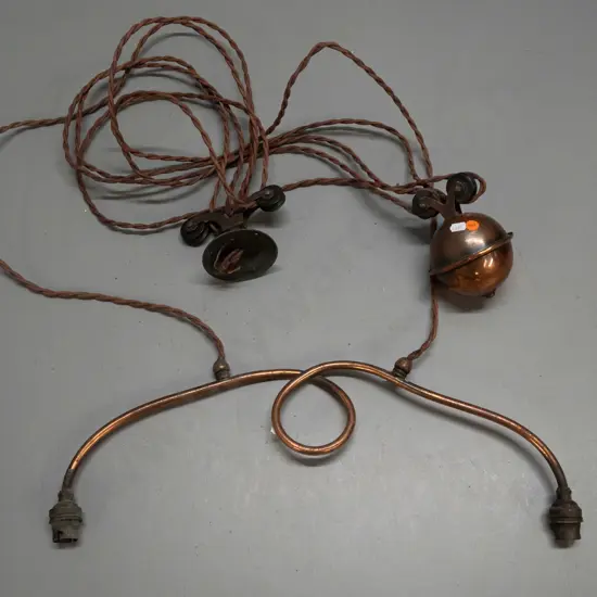 vintage copper 2-light rise and fall ceiling light fitting - cord is very stiff, will need rewiring. Arm W-525