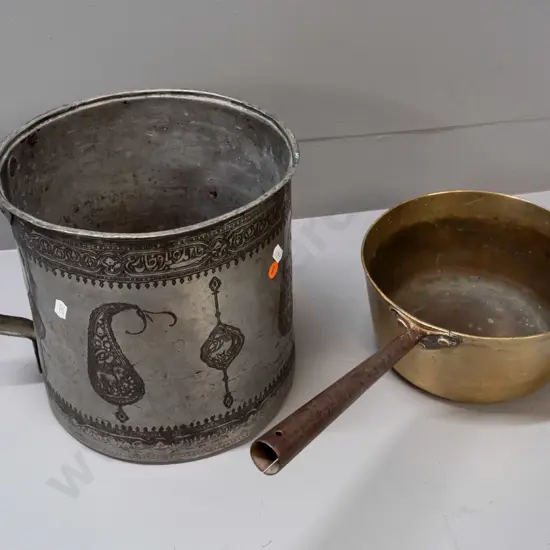 large Iranian tin-plated copper vessel with handle, bands of engraved decoration, marked Iran 1963 on base, & a vintage