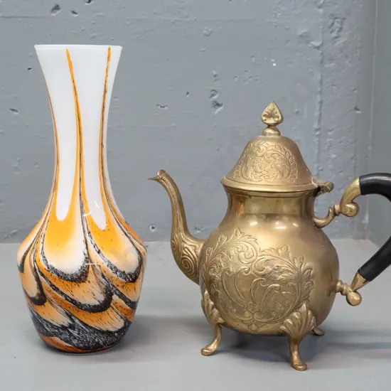 art glass vase - orange & black swirl over white H-255 & an ornamental Indian brass tea/coffee pot with embossed