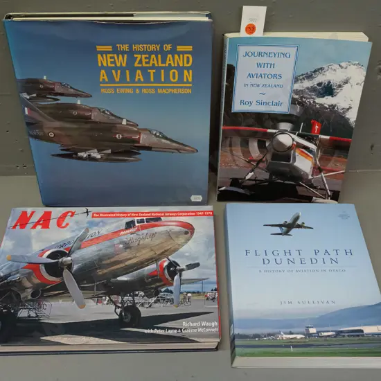 4 books on New Zealand aviation history, including Flight Path Dunedin, NAC Illustrated HIstory, etc. - some wrinkles to