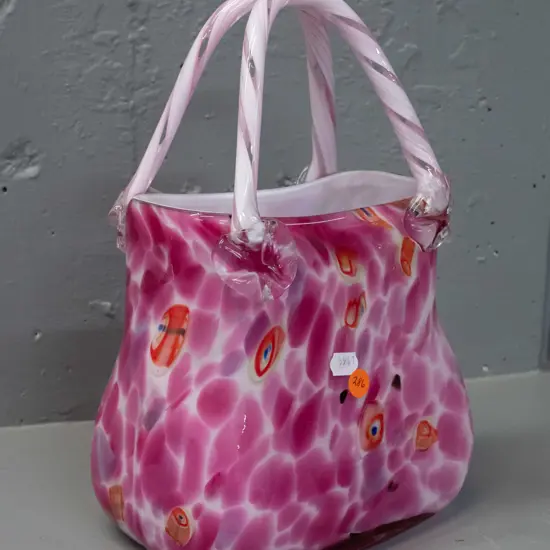 art glass handbag - mottled pink, red, orange and white H-290 L-200 W-120