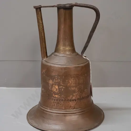 vintage (19th C?) hand beaten copper and brass vessel, middle eastern or Turkish, with etched decoration - age wear and