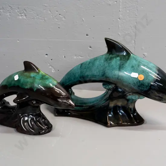 2 Blue Mountain pottery leaping dolphins - larger one H245 L410 has glaze rub or chip on one corner