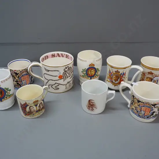 9 assorted Royal commemorative beakers and mugs - most 1937 and one 1953 coronations, largest is H-110, 2 have small