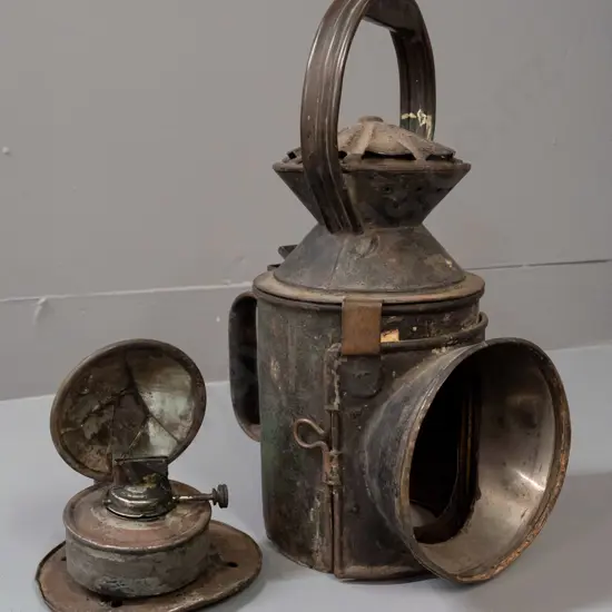 antique railway signal lantern with copper name plaque engraved WT Mathews - note says circa 1880s, with burner and