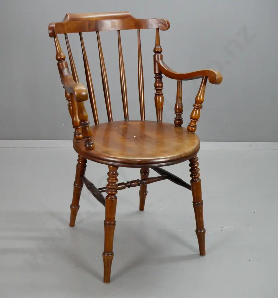 vintage beech open-arm carver chair with round seat, spindle back, turned legs & stretcher base, Ibex brand label under Image 1++