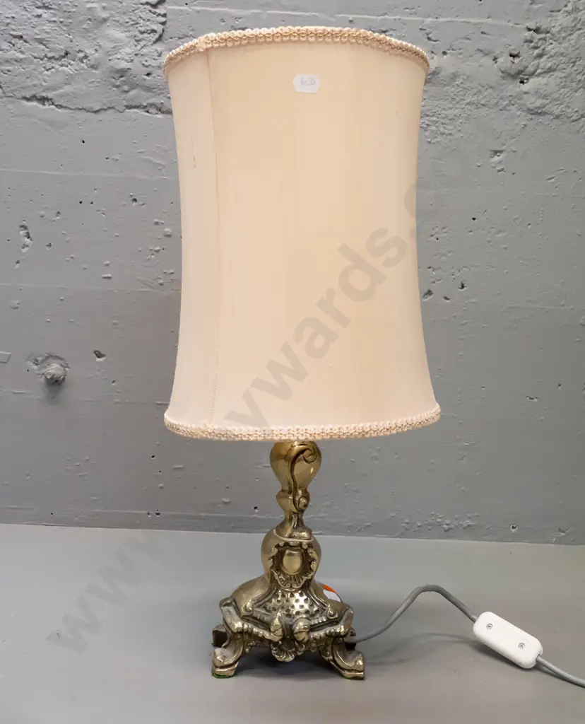 small cast brass rococo style table lamp with waisted fabric shade - going but part of bayonet fitting collar bent H-480 Image 1++