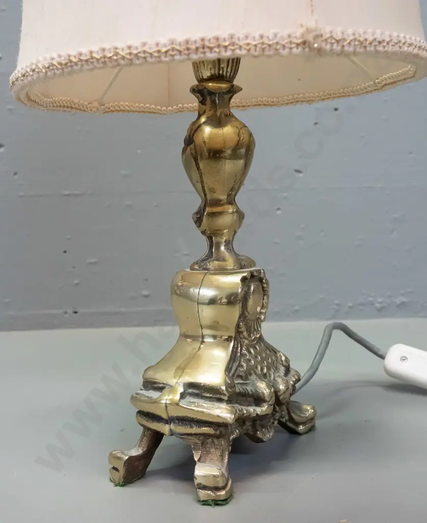 small cast brass rococo style table lamp with waisted fabric shade - going but part of bayonet fitting collar bent H-480 Image 1++