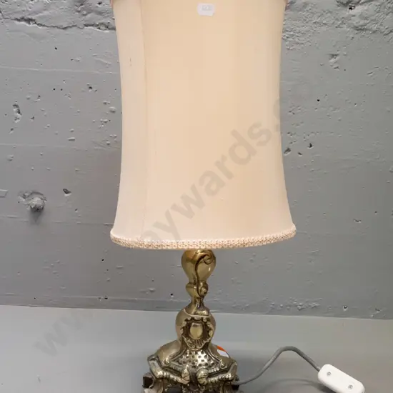 small cast brass rococo style table lamp with waisted fabric shade - going but part of bayonet fitting collar bent H-480