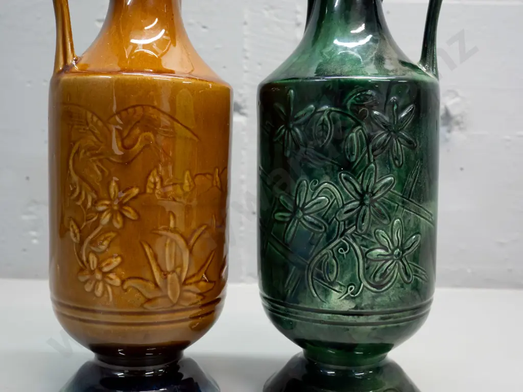 2 NZ ceramic handled ewer vases with heron motif designs - one marked Orzel and one Aquila Ceramics NZ H-310 Image 1++