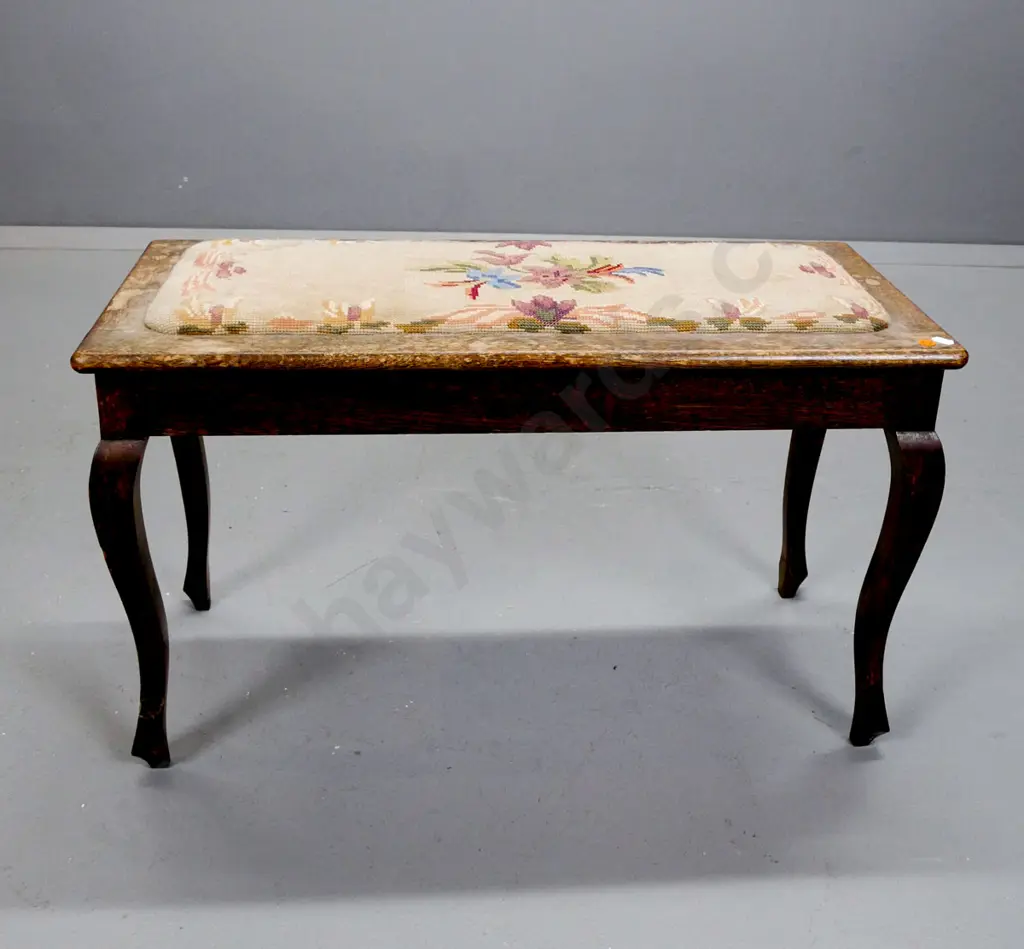 vintage oak rectangular cab-leg bench with floral tapestry upholstered top - water staining, lose leg, stains to fabric Image 1++
