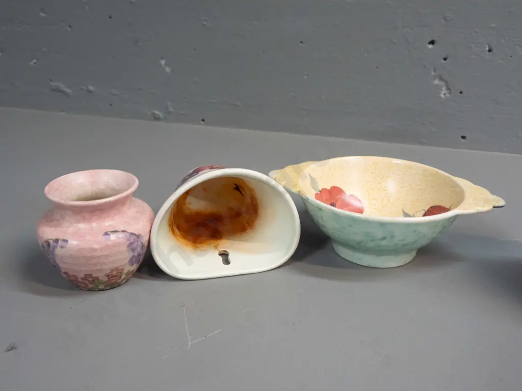 Radford porcelain pocket vase, bowl and small vase, and an Amphora Czechoslovakia vase. Pocket vase has staining inside. Image 1++