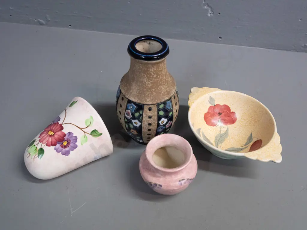 Radford porcelain pocket vase, bowl and small vase, and an Amphora Czechoslovakia vase. Pocket vase has staining inside. Image 1++