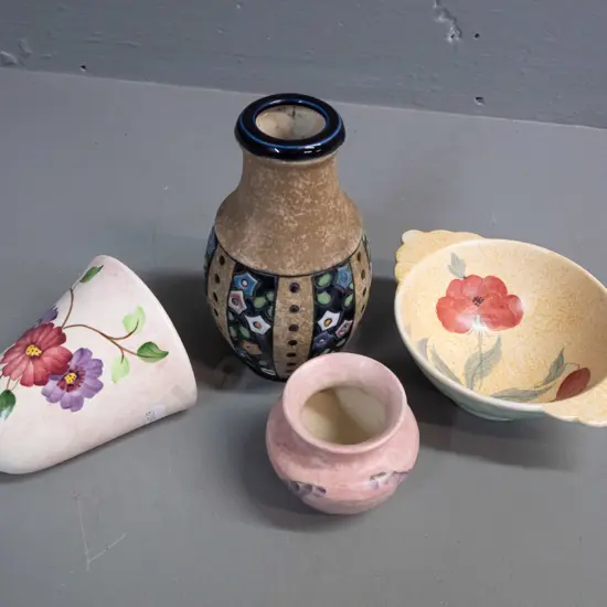 Radford porcelain pocket vase, bowl and small vase, and an Amphora Czechoslovakia vase. Pocket vase has staining inside.