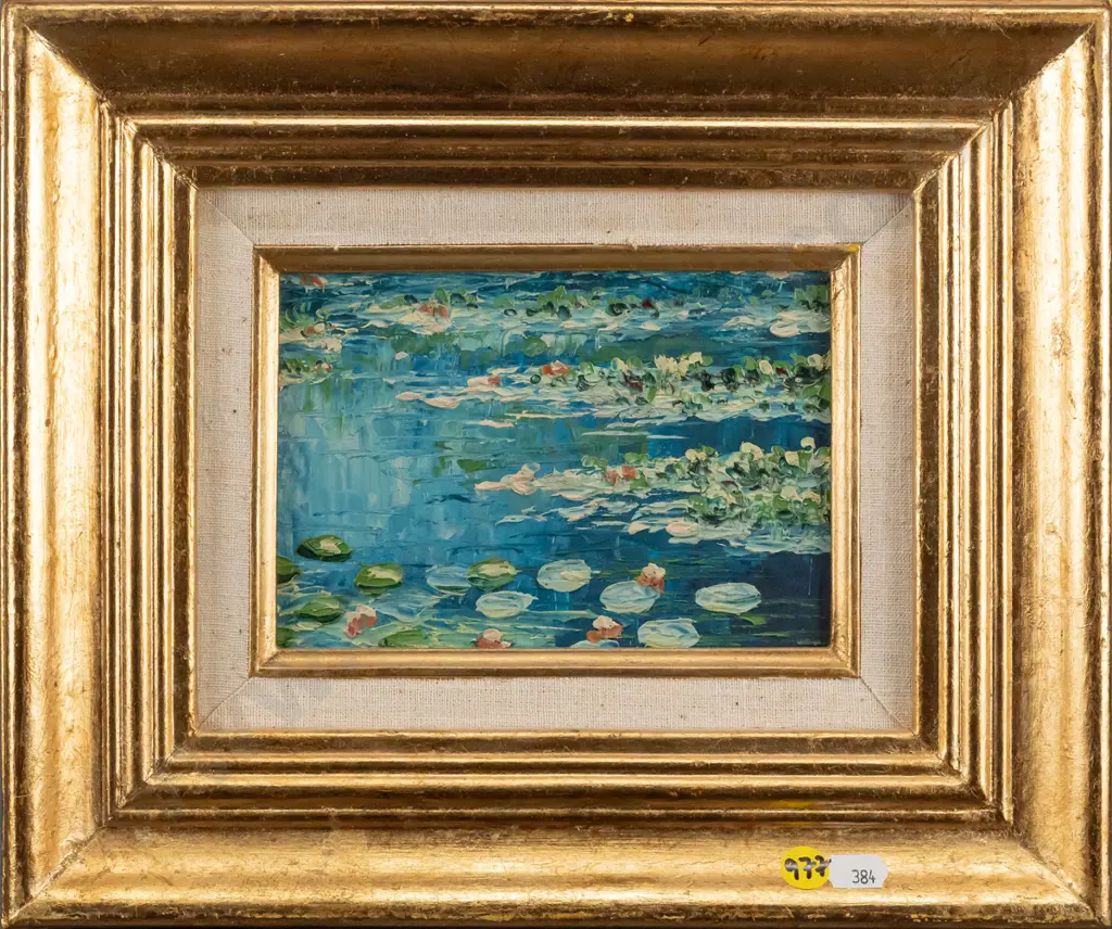 small gilt framed oil on board - water lilies H-110 W-160 Image 1++