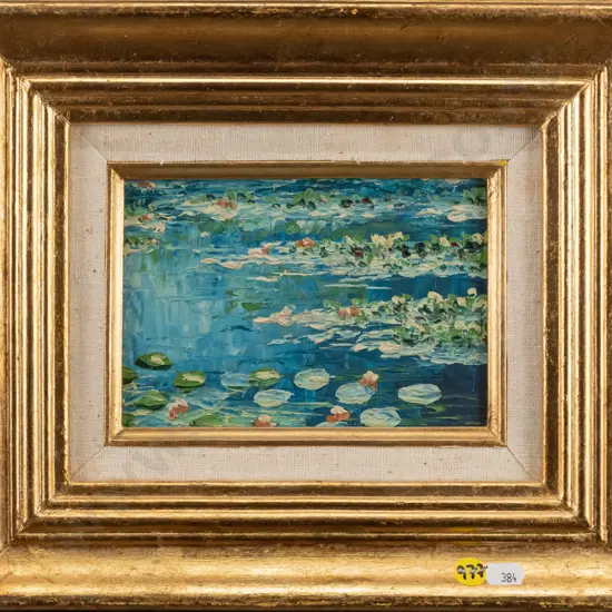 small gilt framed oil on board - water lilies H-110 W-160