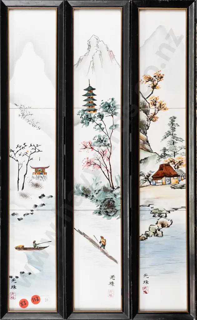 3x framed vintage Japanese tile artworks Each H-190 W-100 (slight damage to frames) Image 1++