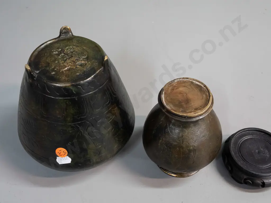 2 Chinese reproduction antique style cast brass or bronze temple jars, larger is 3-footed H-180, smaller w/ wooden stand Image 1++