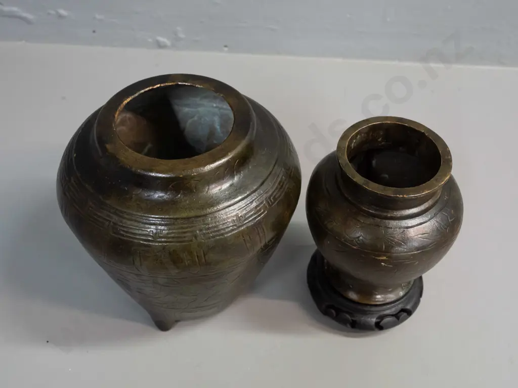 2 Chinese reproduction antique style cast brass or bronze temple jars, larger is 3-footed H-180, smaller w/ wooden stand Image 1++
