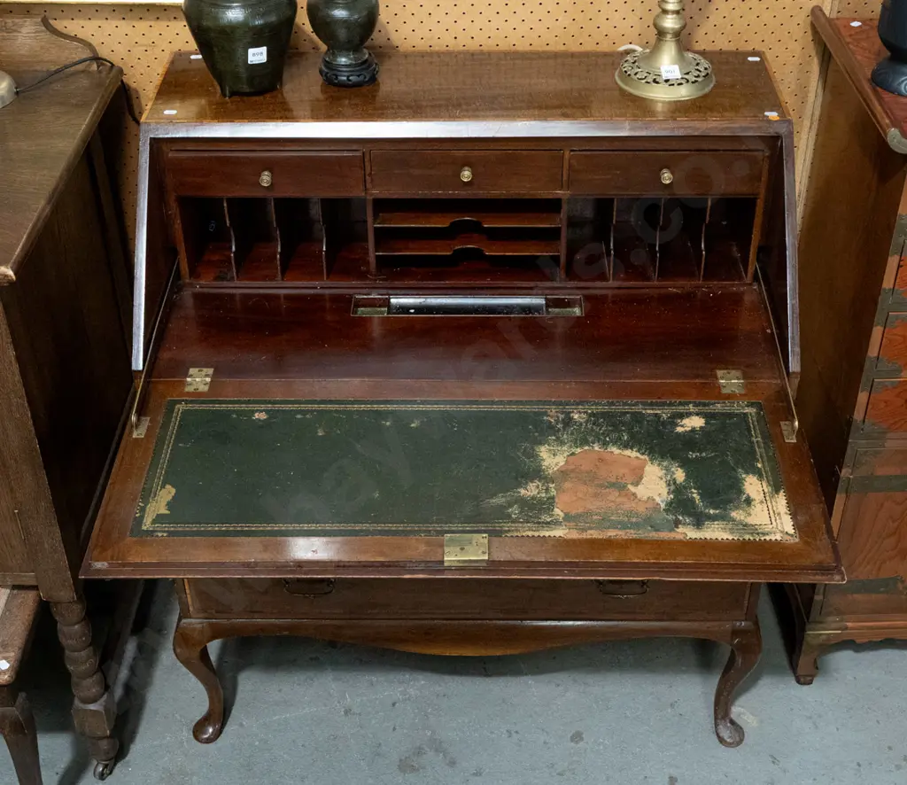 Edwardian mahogany Sheraton revival drop-front writing desk with boxwood stringing inlay on top & drawers, brass handles Image 1++