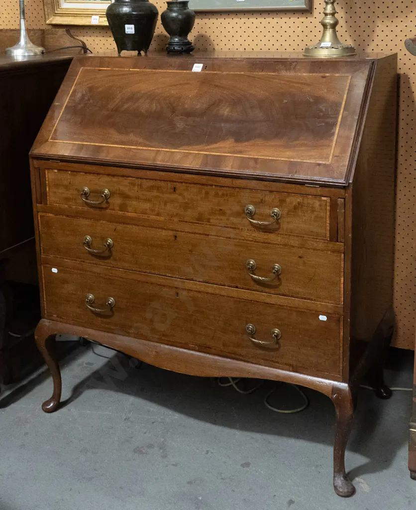 Edwardian mahogany Sheraton revival drop-front writing desk with boxwood stringing inlay on top & drawers, brass handles Image 1++