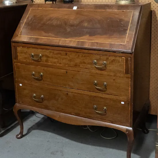 Edwardian mahogany Sheraton revival drop-front writing desk with boxwood stringing inlay on top & drawers, brass handles