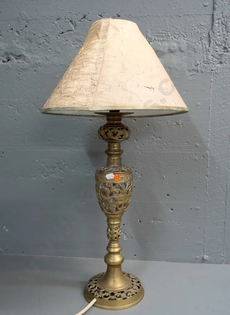 pierced cast brass table lamp - damaged fabric shade needs replacing. H-610 Image 1++