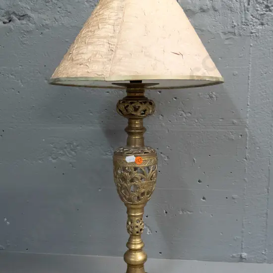 pierced cast brass table lamp - damaged fabric shade needs replacing. H-610
